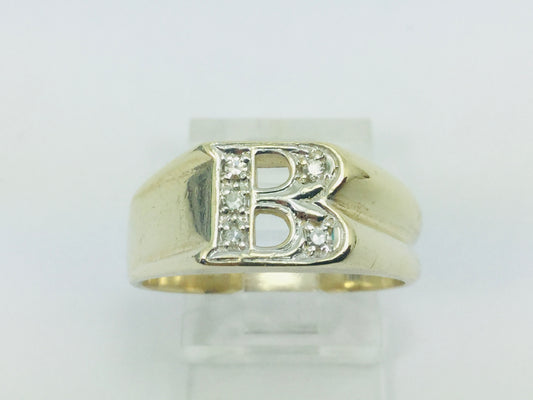 10k Yellow Gold Round Cut 5pt Diamond Letter 'B' Initial Ring