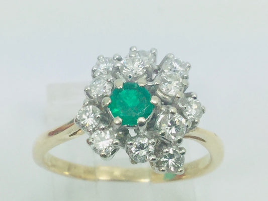 14k Yellow Gold Round Cut 20pt Emerald May Birthstone & 72pt Diamond Cluster Ring