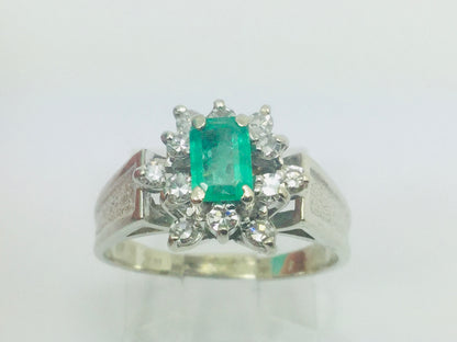 14k White Gold Emerald Cut 50pt Emerald May Birthstone & 24pt Diamond Cluster Ring