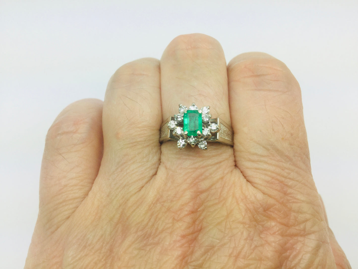 14k White Gold Emerald Cut 50pt Emerald May Birthstone & 24pt Diamond Cluster Ring