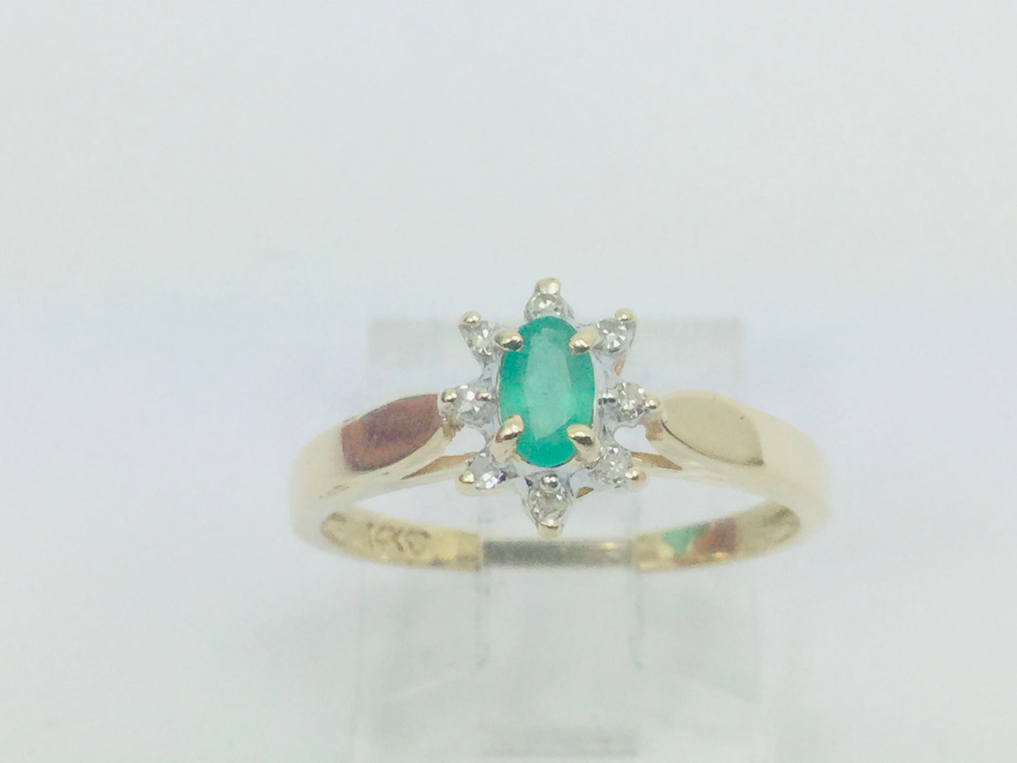 14k Yellow Gold Oval Cut 25pt Emerald May Birthstone & 8pt Diamond Halo Ring