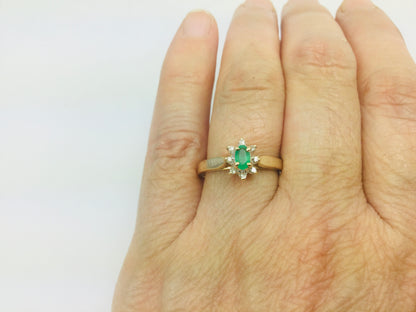 14k Yellow Gold Oval Cut 25pt Emerald May Birthstone & 8pt Diamond Halo Ring