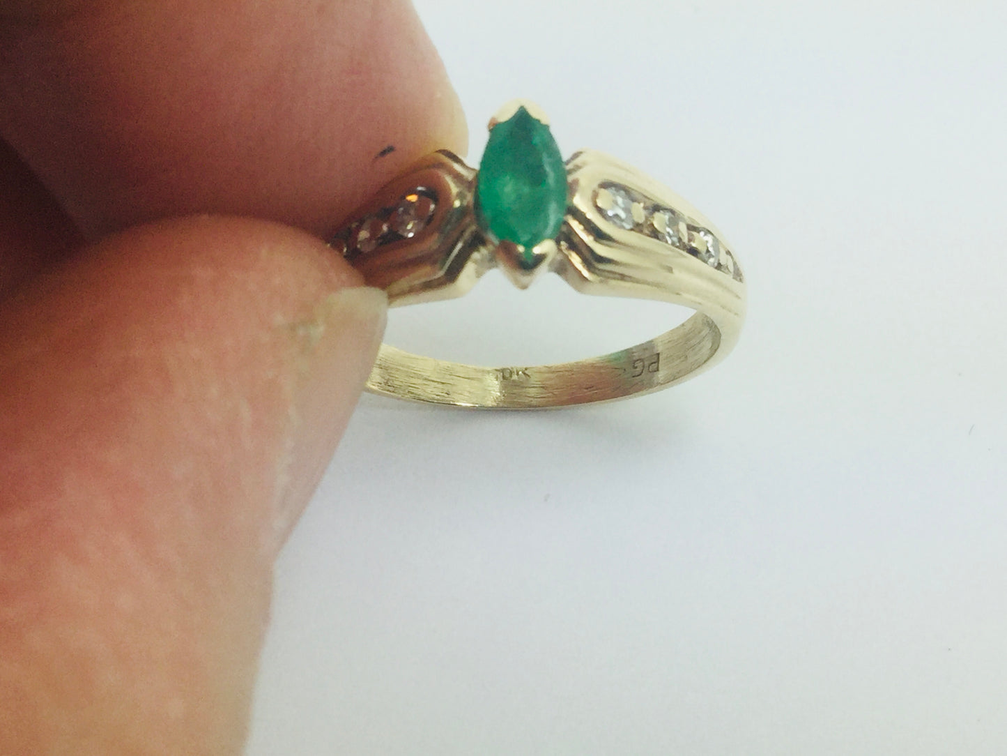 10k Yellow Gold Marquise Cut 30pt Emerald May Birthstone & 6pt Diamond Row Set Ring