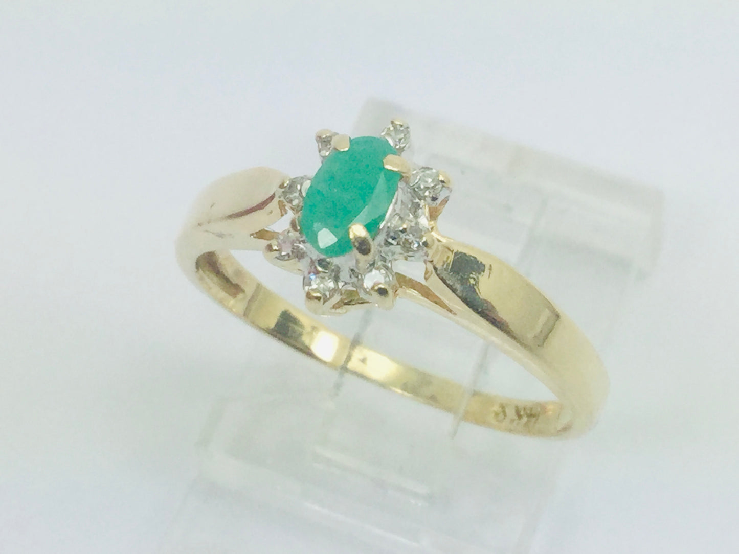 14k Yellow Gold Oval Cut 25pt Emerald May Birthstone & 4pt Diamond Halo Ring