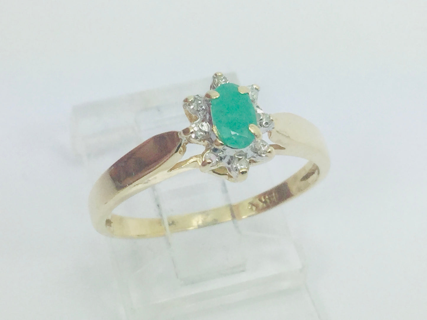 14k Yellow Gold Oval Cut 25pt Emerald May Birthstone & 4pt Diamond Halo Ring