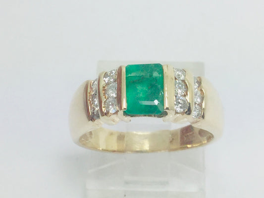 14k Yellow Gold Emerald Cut 75pt Emerald May Birthstone & 36pt Diamond Row Set Ring