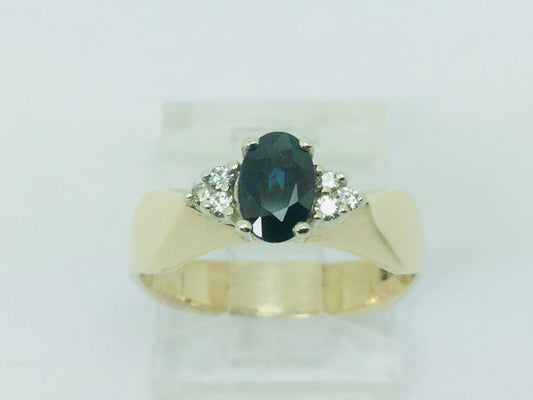 14k Yellow Gold Oval Cut 50pt Sapphire September Birthstone & 6pt Diamond Geometric Ring