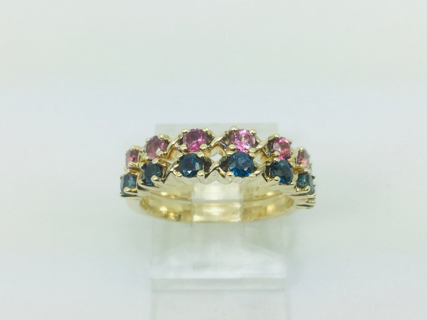 10k Yellow Gold Round Cut 42pt Blue Topaz & 20pt Rose Tourmaline Ring Set