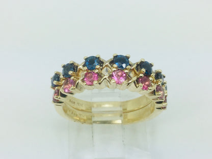 10k Yellow Gold Round Cut 42pt Blue Topaz & 20pt Rose Tourmaline Ring Set