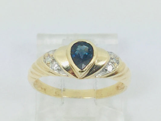 10k Yellow Gold Pear Cut 30pt Sapphire September Birthstone & 3pt Diamond Ring