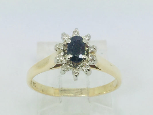 10k Yellow and White Gold Oval Cut 25pt Sapphire September Birthstone & 10pt Diamond Halo Ring