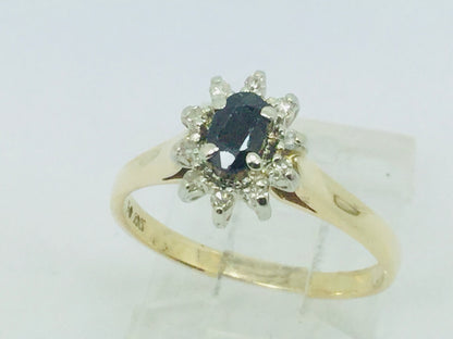 10k Yellow and White Gold Oval Cut 25pt Sapphire September Birthstone & 10pt Diamond Halo Ring