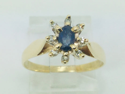 10k Yellow Gold Oval Cut 25pt Sapphire September Birthstone & 8pt Diamond Halo Ring