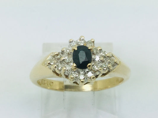 14k Yellow Gold Oval Cut 0.2ct Sapphire September Birthstone & 0.18ct Diamond Cluster Ring