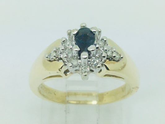 10k Yellow Gold Oval Cut 30pt Sapphire September Birthstone & 14pt Diamond Halo Cluster Ring