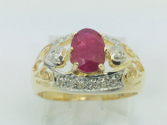 14k Yellow Gold Oval Cut 75pt Ruby July Birthstone & 14pt Diamond Ring