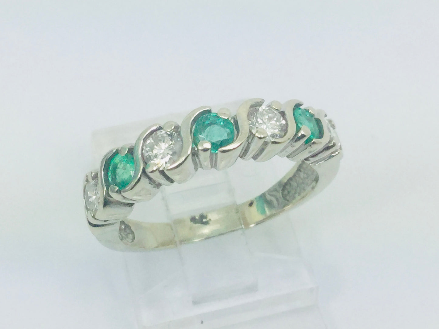 10k White Gold Round Cut 48pt Diamond & 36 pt Emerald May Birthstone Ring