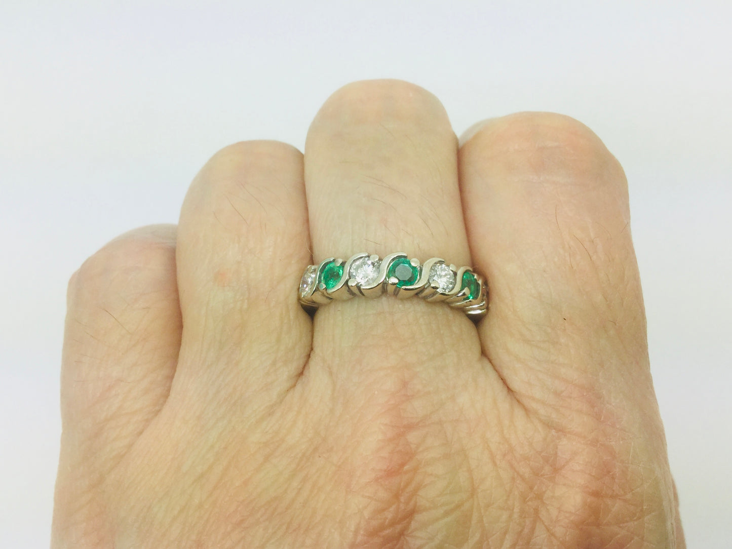 10k White Gold Round Cut 48pt Diamond & 36 pt Emerald May Birthstone Ring