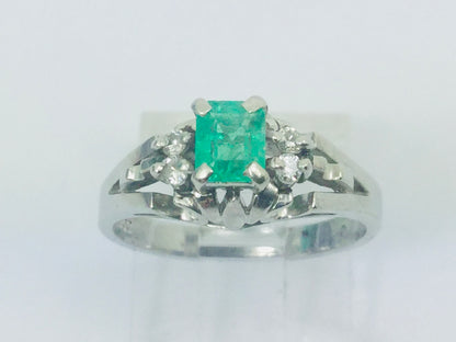 Platinum Emerald Cut 41pt Emerald May Birthstone & 8pt Diamond Ring