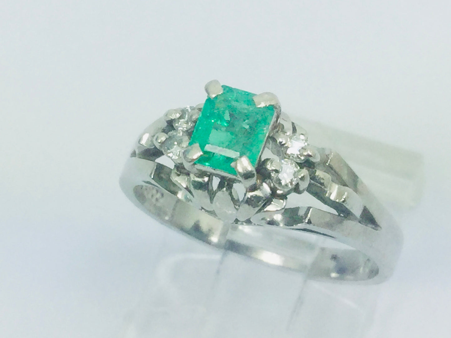 Platinum Emerald Cut 41pt Emerald May Birthstone & 8pt Diamond Ring