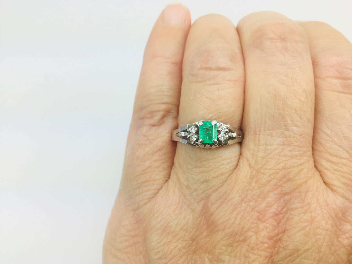 Platinum Emerald Cut 41pt Emerald May Birthstone & 8pt Diamond Ring