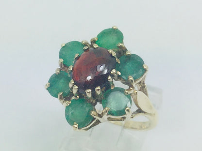 10k Yellow Gold Cabochon Garnet & Round Cut Emerald May Birthstone Floral Ring