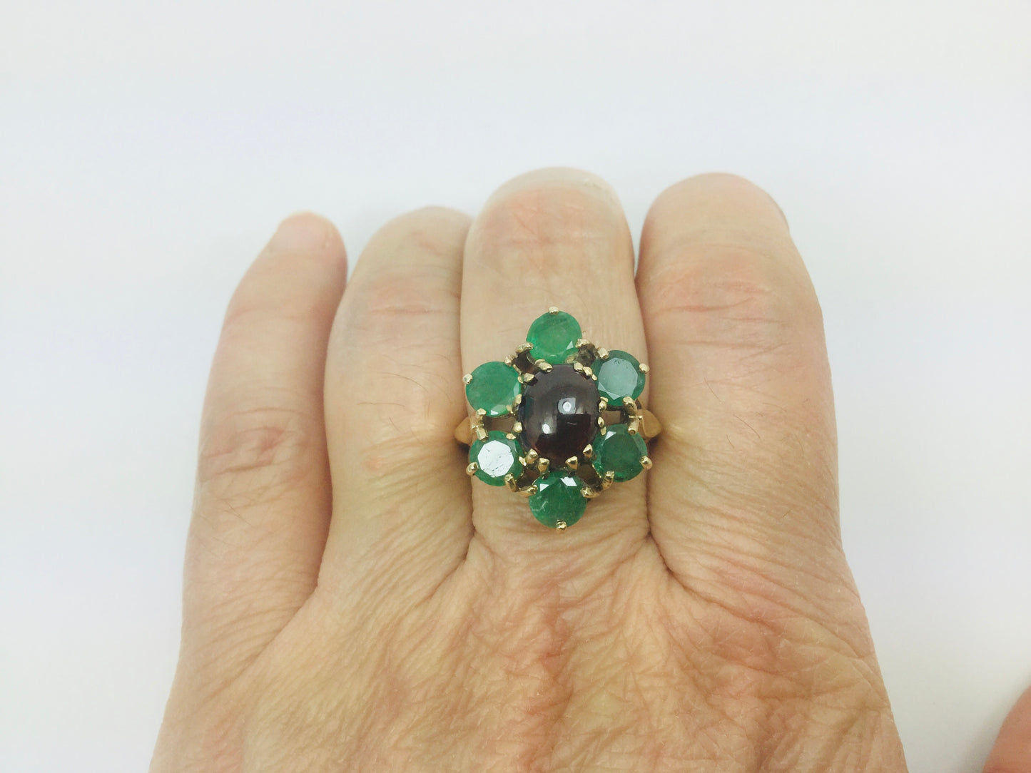 10k Yellow Gold Cabochon Garnet & Round Cut Emerald May Birthstone Floral Ring