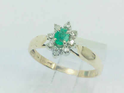 10-14k Yellow Gold Oval Cut 20pt Emerald May Birthstone & 8pt Diamond Halo Ring