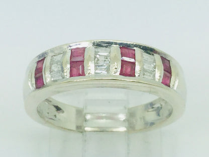 14k White Gold Baguette Cut 48pt Ruby July Birthstone & 36pt Diamond Row Set Band Ring