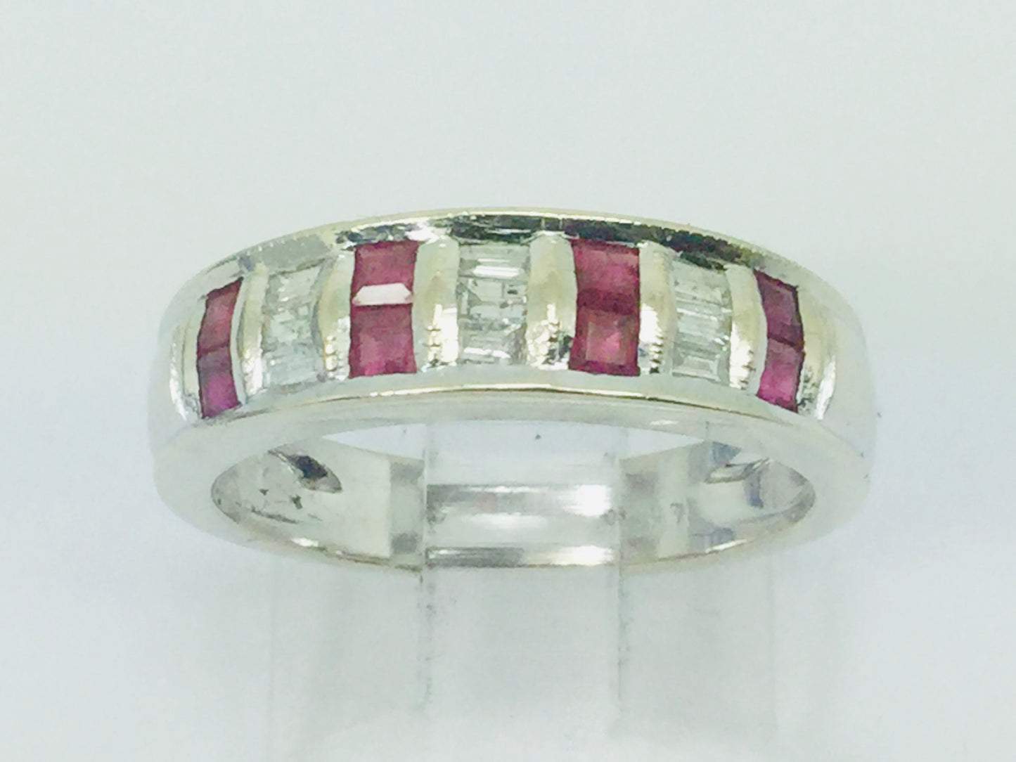 14k White Gold Baguette Cut 48pt Ruby July Birthstone & 36pt Diamond Row Set Band Ring