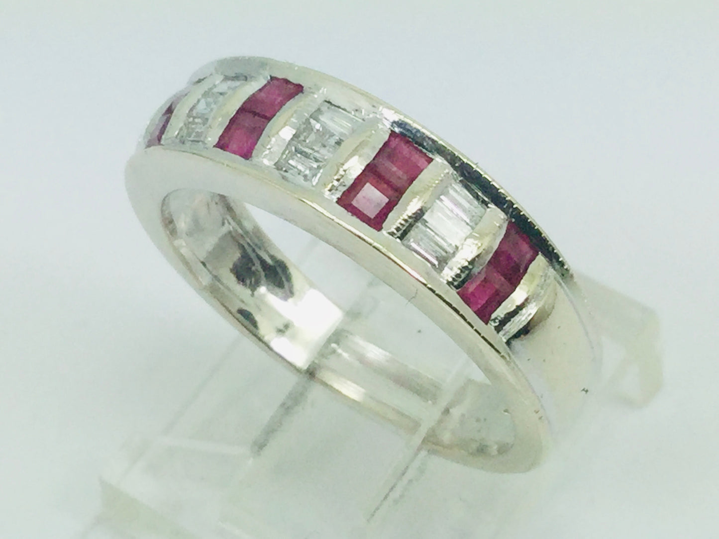 14k White Gold Baguette Cut 48pt Ruby July Birthstone & 36pt Diamond Row Set Band Ring