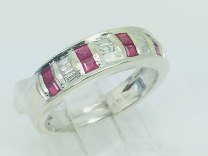 14k White Gold Baguette Cut 48pt Ruby July Birthstone & 36pt Diamond Row Set Band Ring