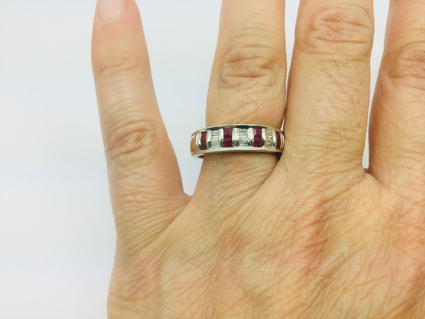 14k White Gold Baguette Cut 48pt Ruby July Birthstone & 36pt Diamond Row Set Band Ring