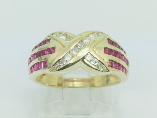 14k Yellow Gold Round Cut 1.5ct Ruby July Birthstone 'X' & 28pt Diamond Channel Set Ring