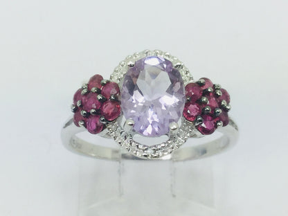 14k White Gold Oval Cut 1.25ct Amethyst, 28pt Ruby & 1pt Diamond Ring