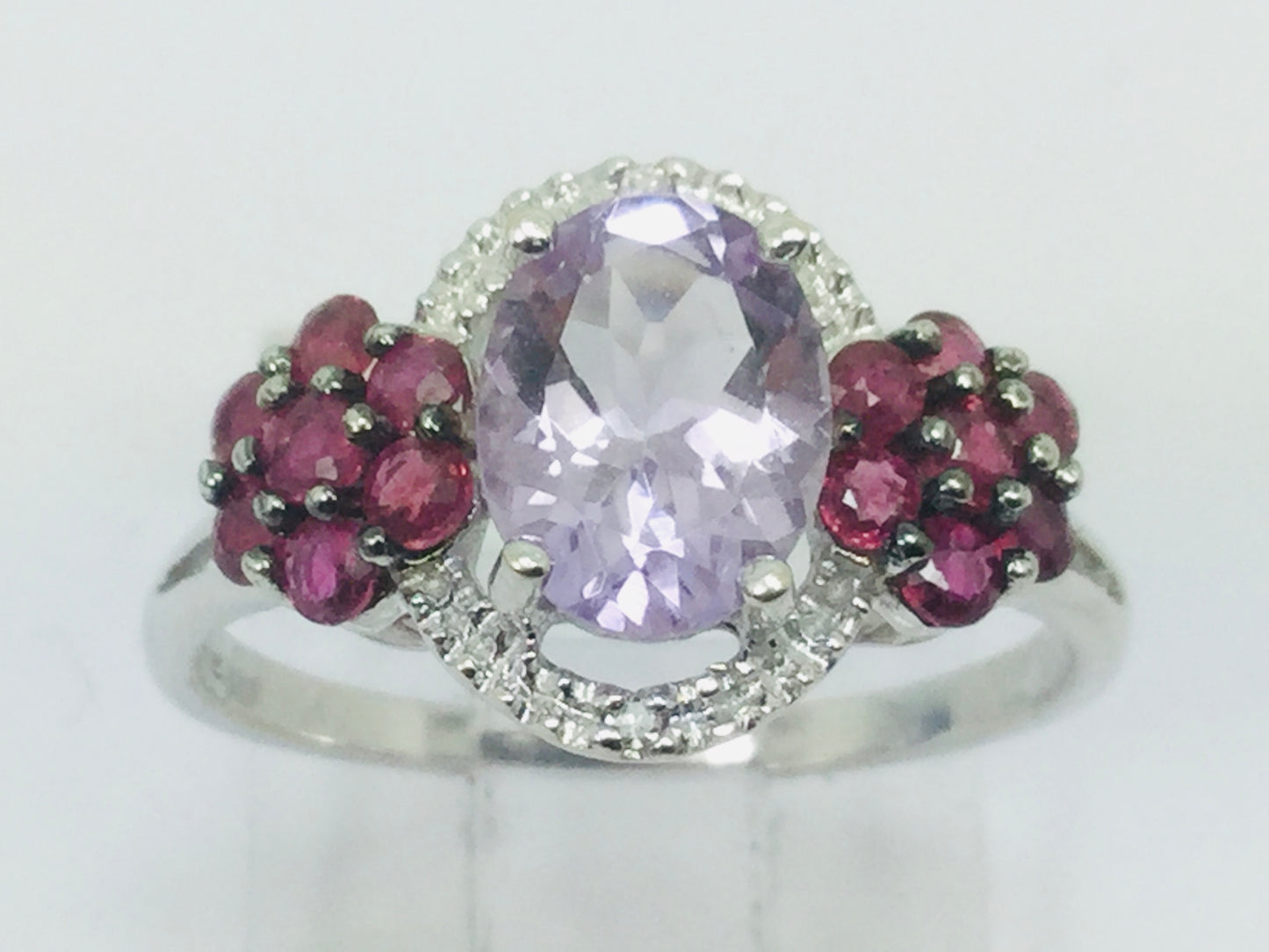 14k White Gold Oval Cut 1.25ct Amethyst, 28pt Ruby & 1pt Diamond Ring