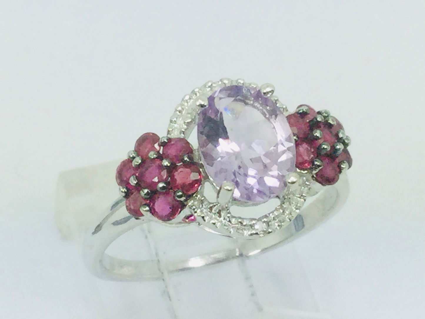 14k White Gold Oval Cut 1.25ct Amethyst, 28pt Ruby & 1pt Diamond Ring