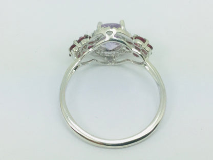 14k White Gold Oval Cut 1.25ct Amethyst, 28pt Ruby & 1pt Diamond Ring