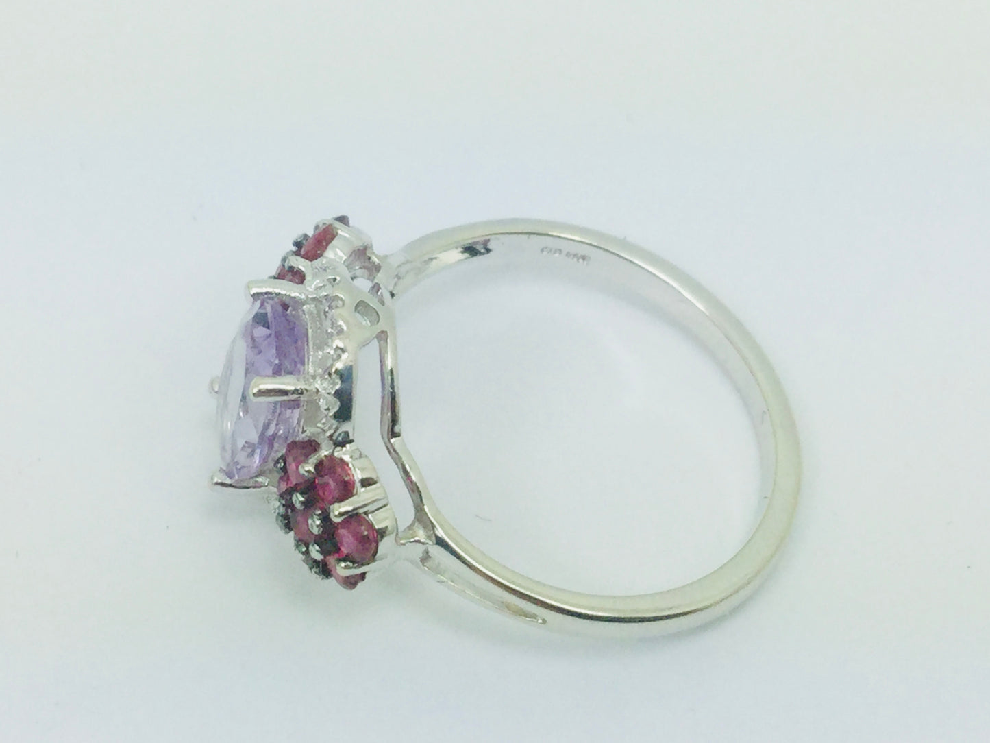 14k White Gold Oval Cut 1.25ct Amethyst, 28pt Ruby & 1pt Diamond Ring