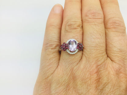 14k White Gold Oval Cut 1.25ct Amethyst, 28pt Ruby & 1pt Diamond Ring