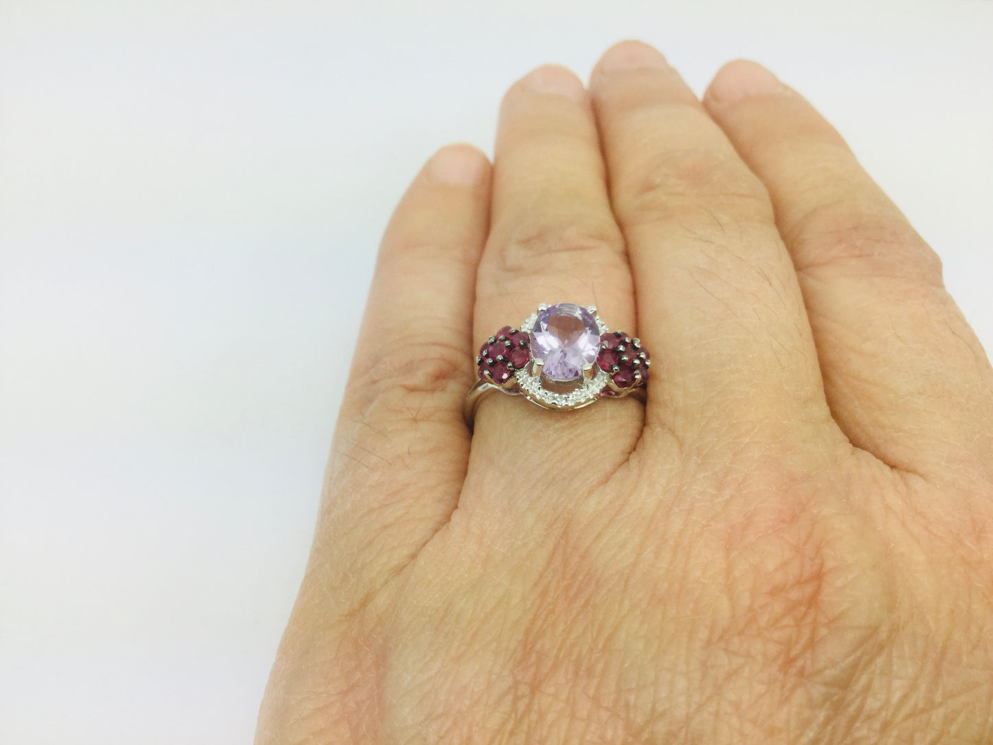 14k White Gold Oval Cut 1.25ct Amethyst, 28pt Ruby & 1pt Diamond Ring