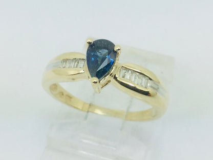 10k Yellow Gold Pear Cut 50pt Sapphire September Birthstone & Diamond Ring