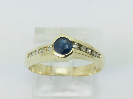 14k Yellow Gold Round Cut 25pt Sapphire September Birthstone & 10pt Diamond Ring