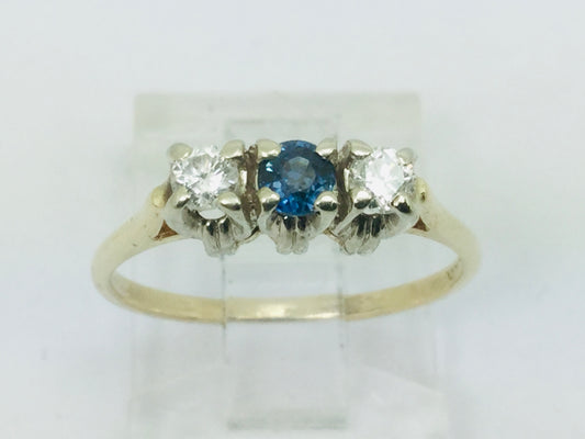 10k Yellow Gold Round Cut 12pt Sapphire September Birthstone & 14pt Diamond Trinity Ring