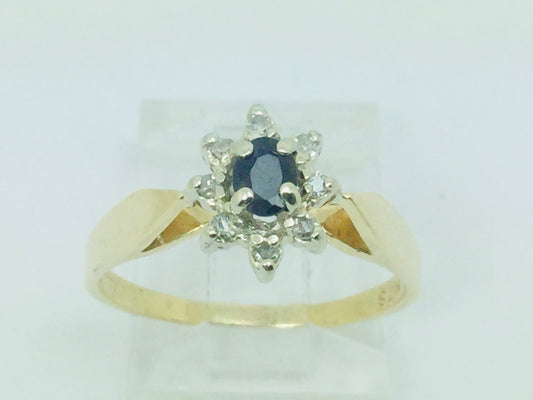 14k Yellow Gold Oval Cut 20pt Sapphire September Birthstone & 8pt Diamond Halo Ring