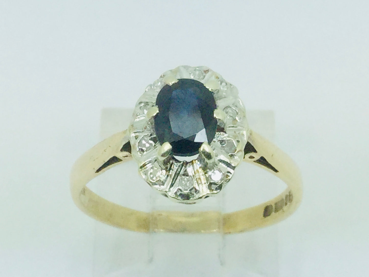 9k Yellow Gold Oval Cut 50pt Sapphire September Birthstone & 5pt Diamond Halo Ring