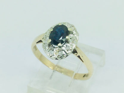 9k Yellow Gold Oval Cut 50pt Sapphire September Birthstone & 5pt Diamond Halo Ring