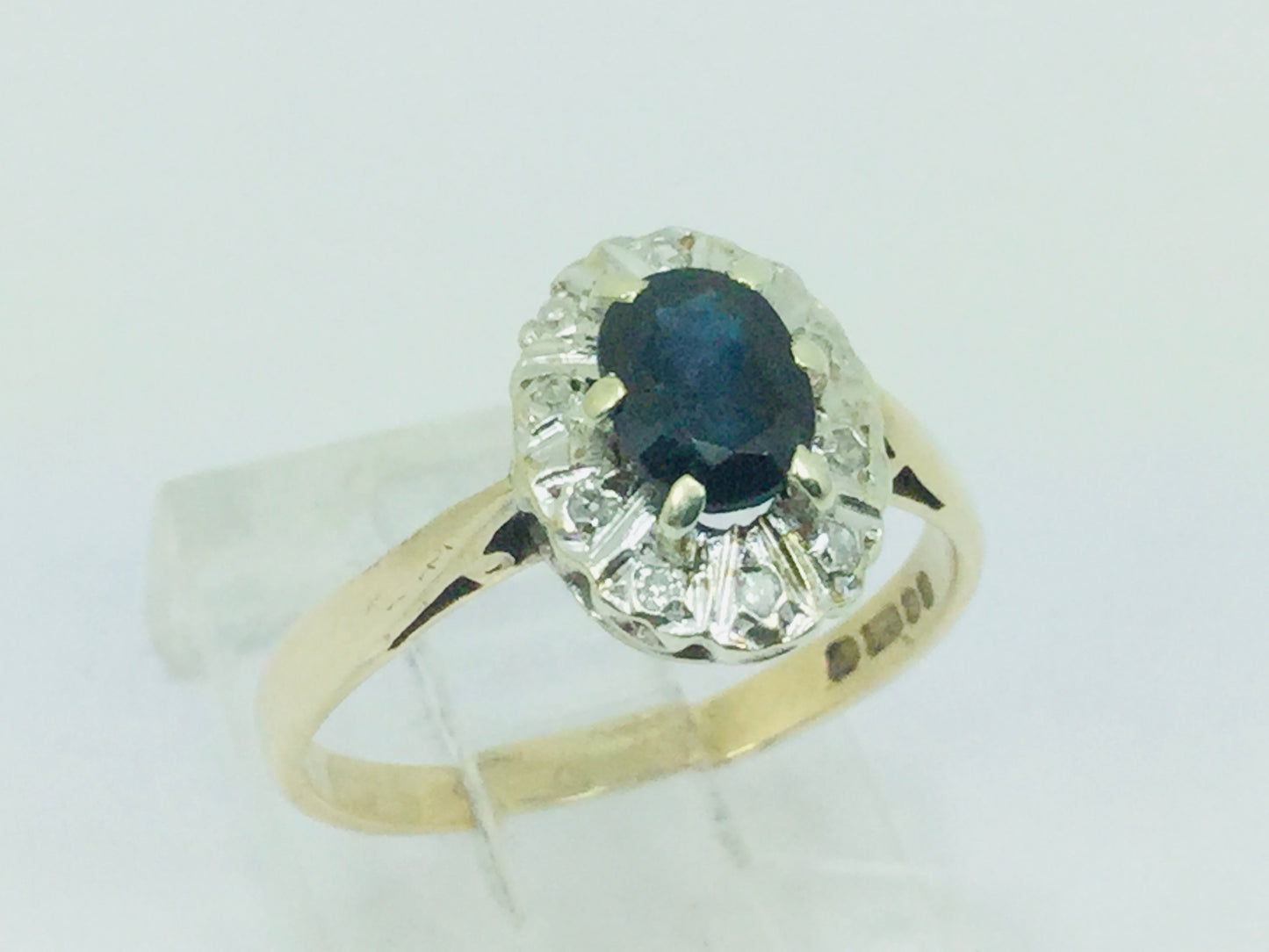 9k Yellow Gold Oval Cut 50pt Sapphire September Birthstone & 5pt Diamond Halo Ring