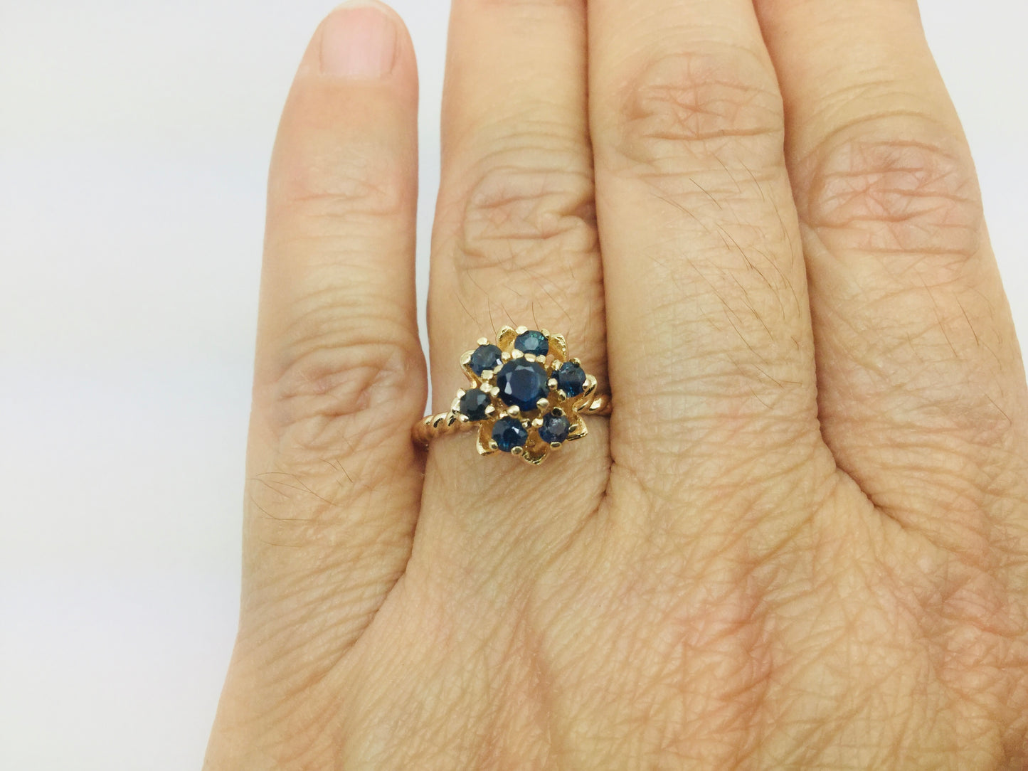 14k Yellow Gold Round Cut 53pt Sapphire September Birthstone Flower Ring