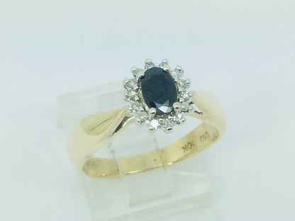 10k Yellow Gold Round Cut 50pt Sapphire & 7pt Diamond Ring